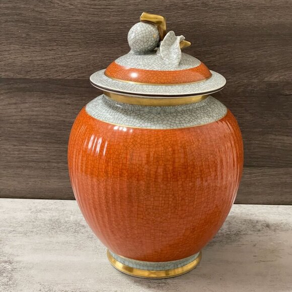 Vintage Royal Copenhagen 50s Orange Grey Craquele Crackle Vase Fruit Finial Lid - Picture 4 of 12